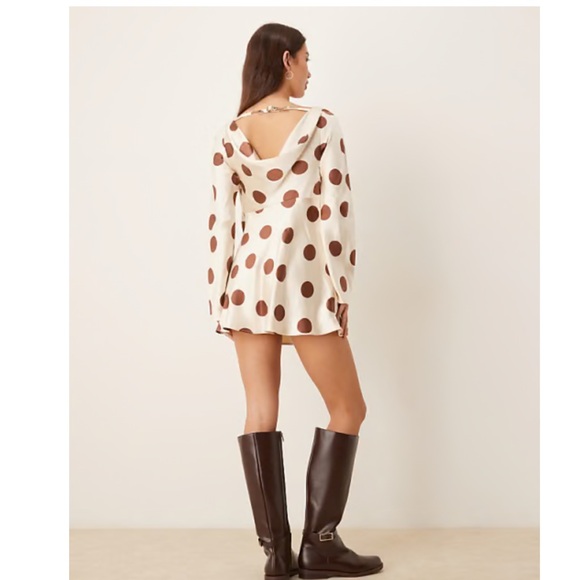 Free People Dress Tigre Printed Mini Satin in Tea Combo Polka Dot Brown Cream - Picture 4 of 11